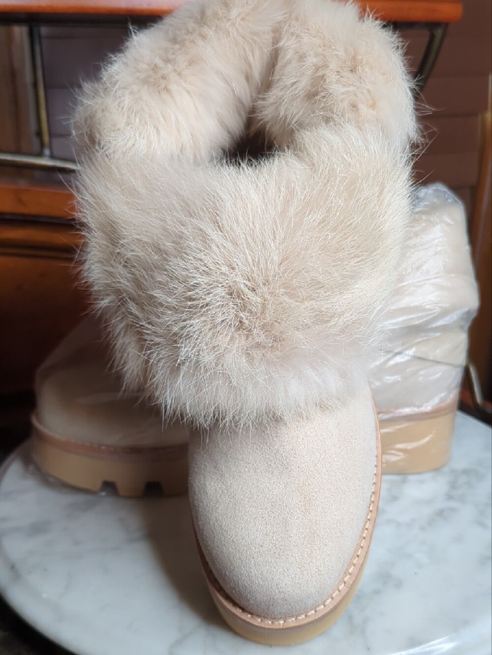 Rachel Zoe Cream Genuine Rabbit Fur Cuff Winter Boots - Picture 4 of 17